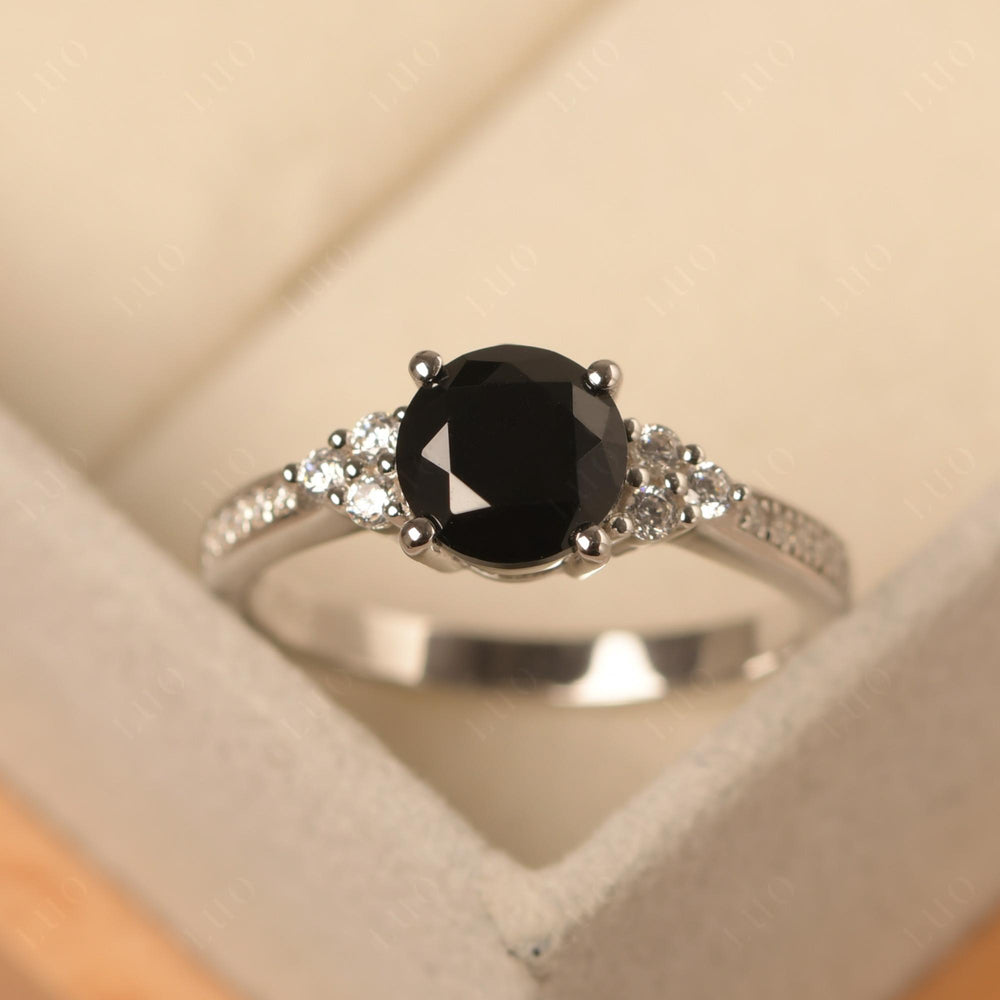 Round Cut Black Spinel Engagement Ring Sterling Silver - LUO Jewelry