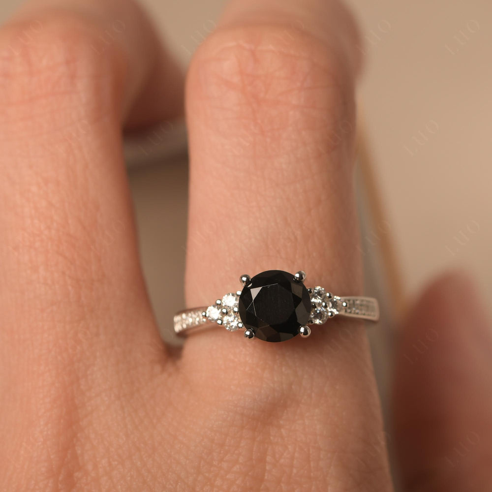 Round Cut Black Spinel Engagement Ring Sterling Silver - LUO Jewelry