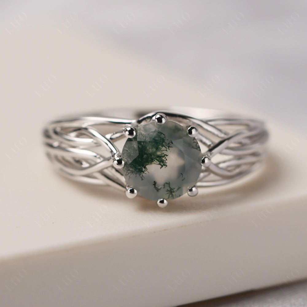 Moss Agate 8 Prong Engagement Ring Abstract Ring - LUO Jewelry