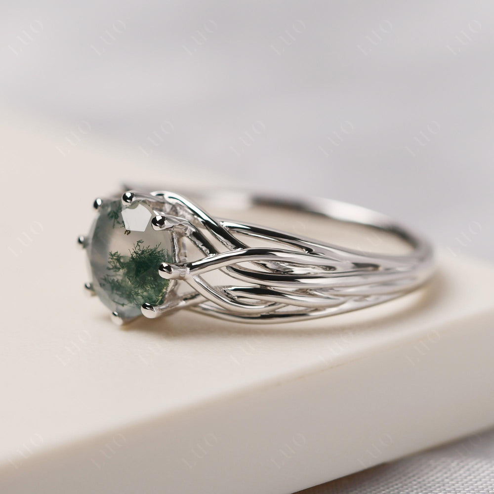 Moss Agate 8 Prong Engagement Ring Abstract Ring - LUO Jewelry