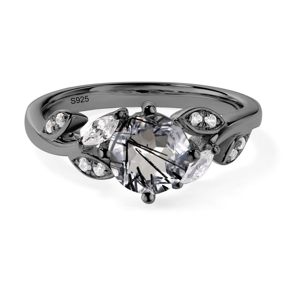 Vine Leaf Black Rutilated Quartz Engagement Ring - LUO Jewelry #metal_black finish sterling silver