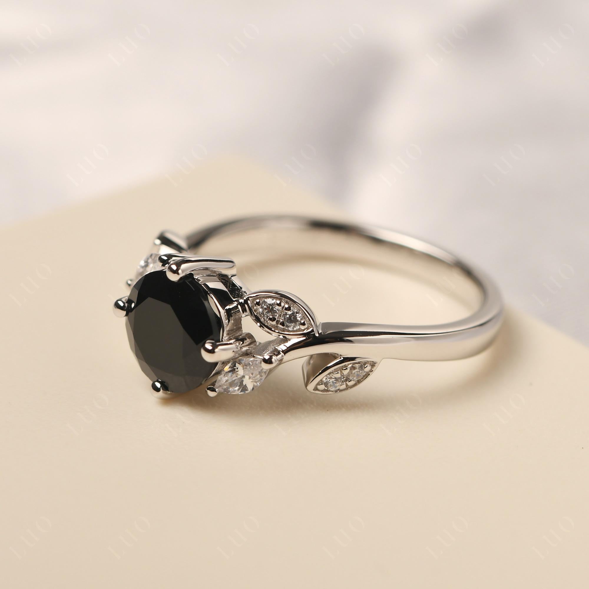Vine Leaf Black Stone Engagement Ring - LUO Jewelry