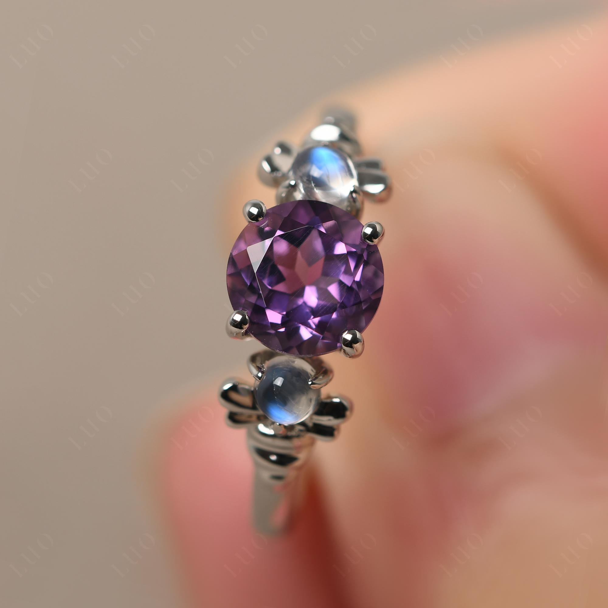 Moonstone and Amethyst Bee Ring - LUO Jewelry