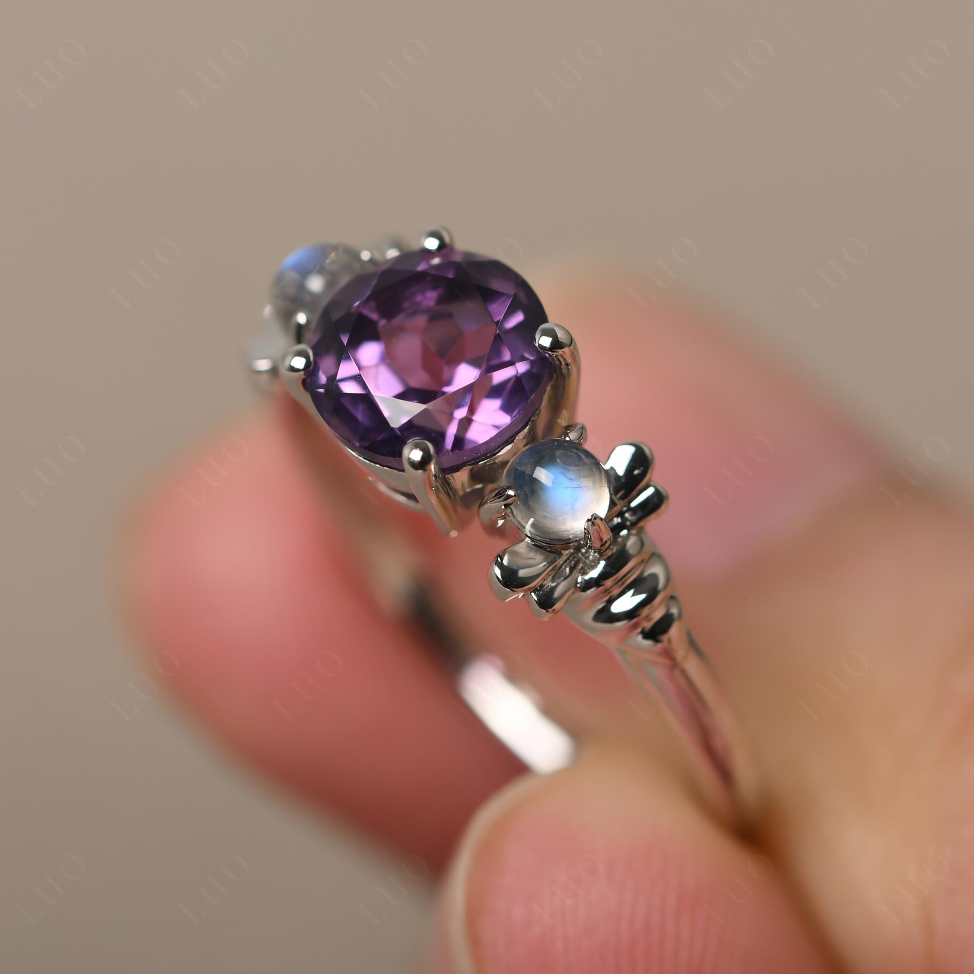 Moonstone and Amethyst Bee Ring - LUO Jewelry