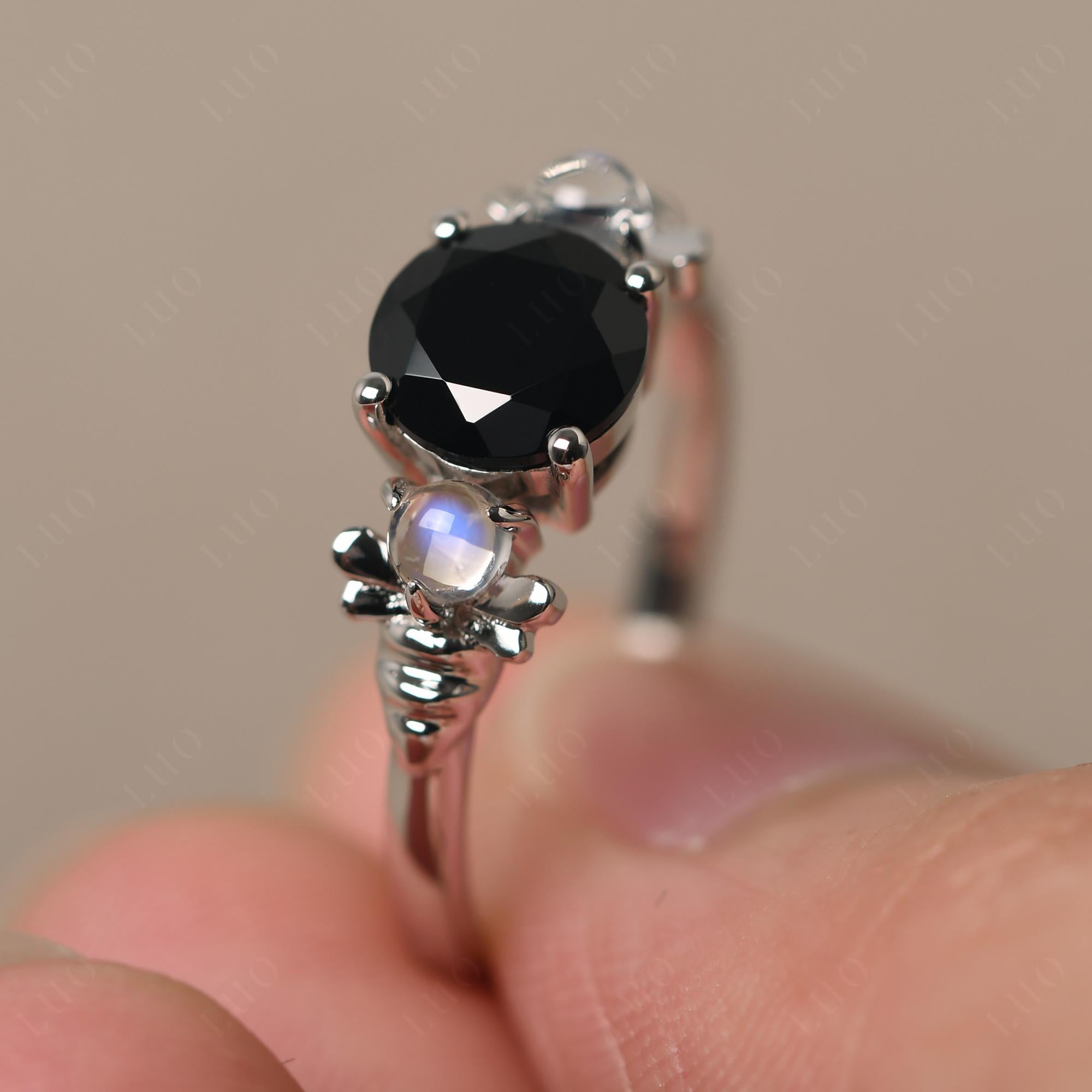 Moonstone and Black Stone Bee Ring - LUO Jewelry