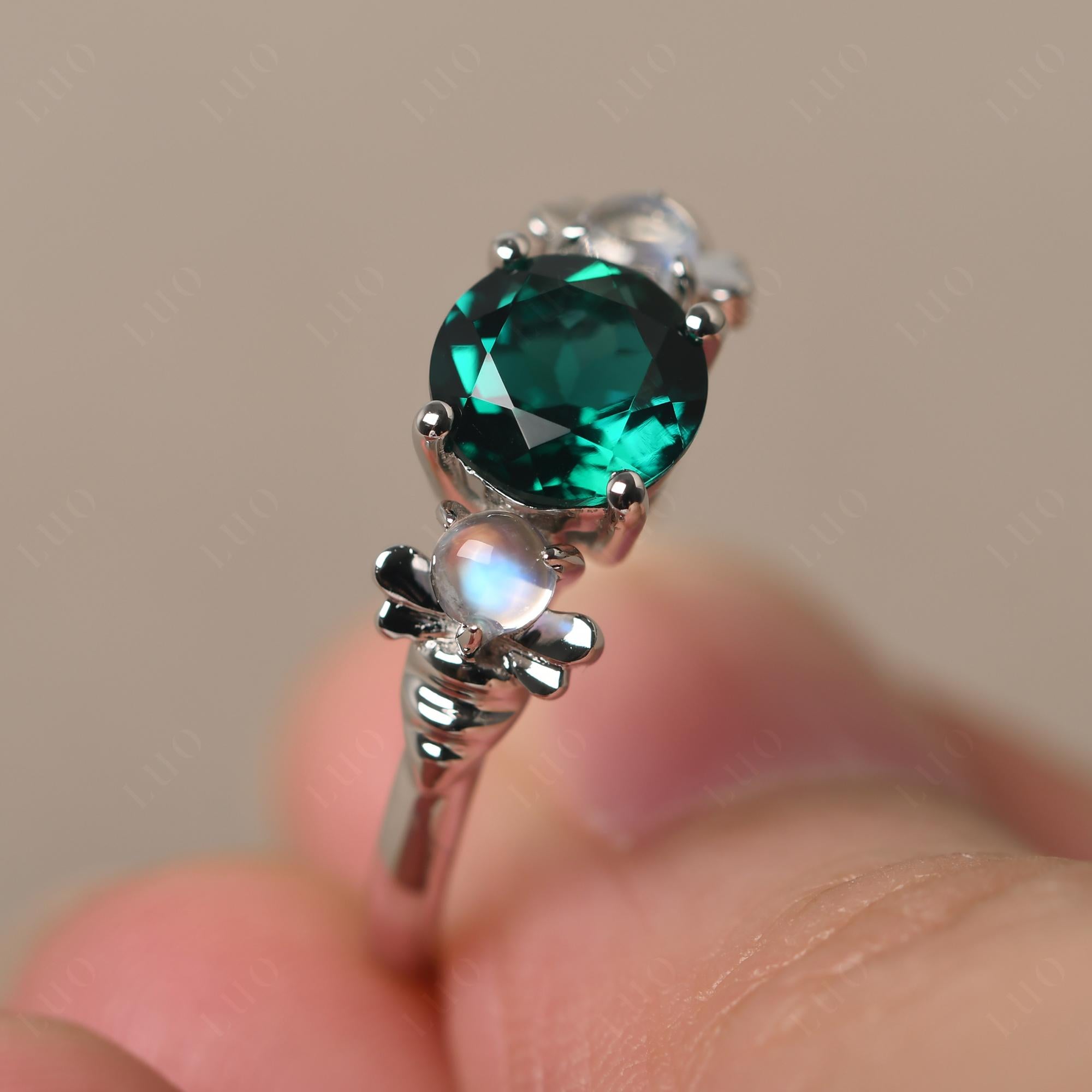 Moonstone and Emerald Bee Ring - LUO Jewelry