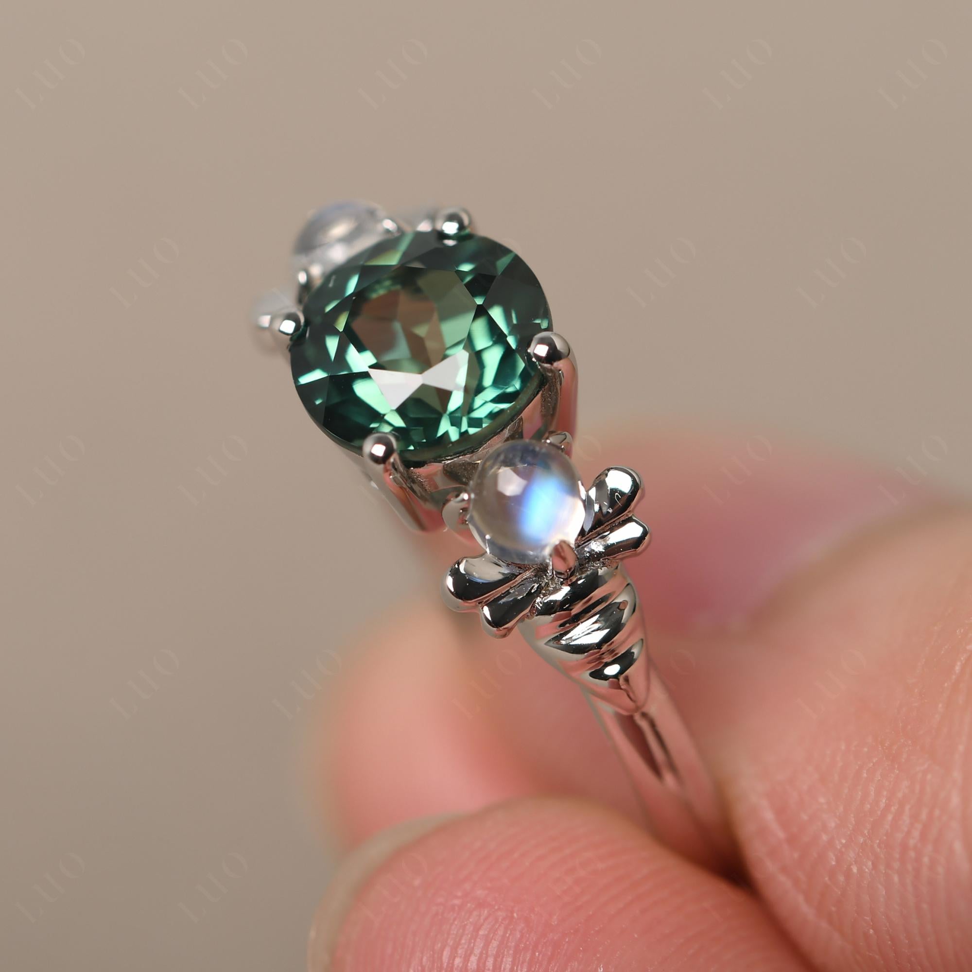 Moonstone and Green Sapphire Bee Ring - LUO Jewelry