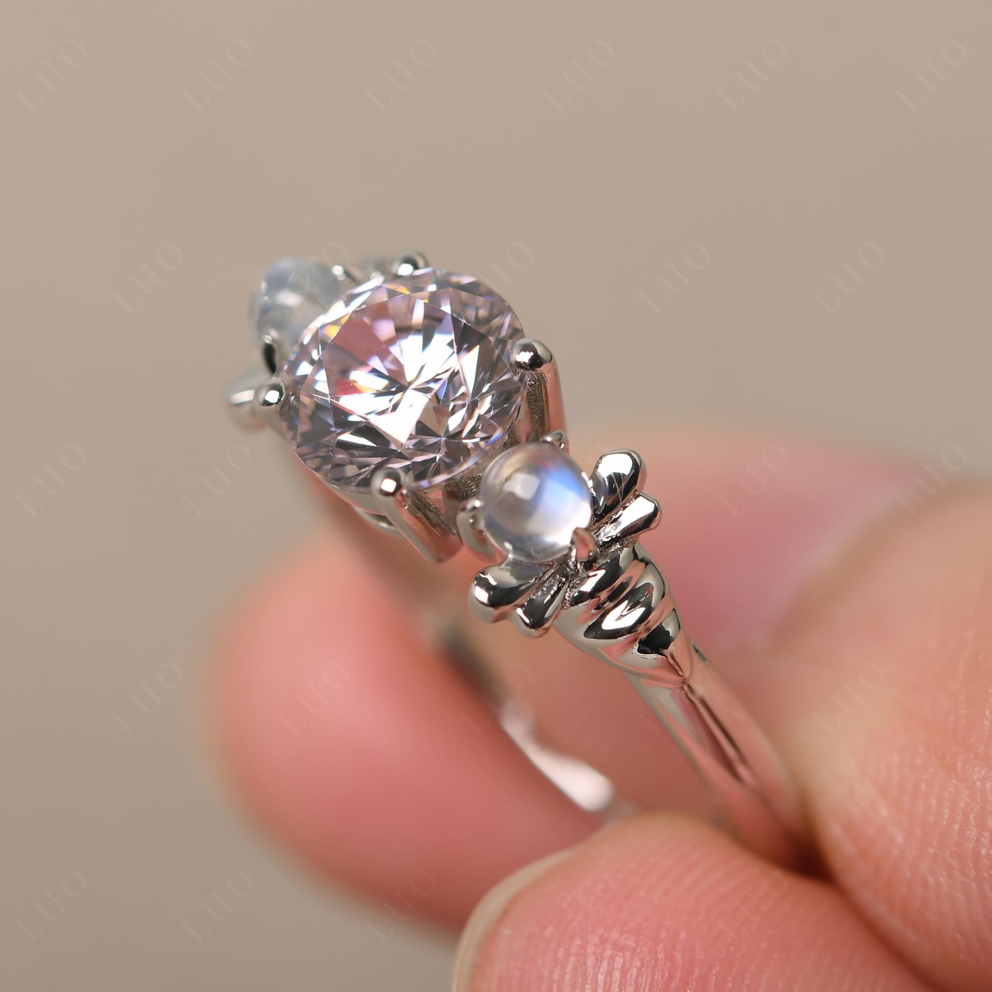 Moonstone and Pink Cubic Zirconia Bee Ring - LUO Jewelry