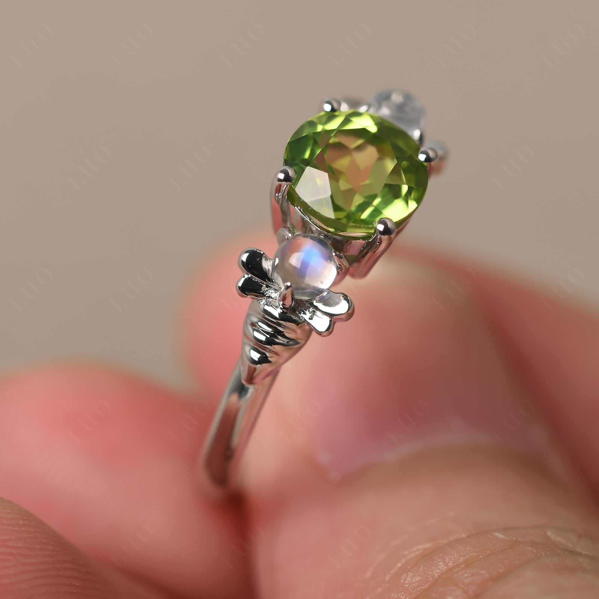 Moonstone and Peridot Bee Ring - LUO Jewelry