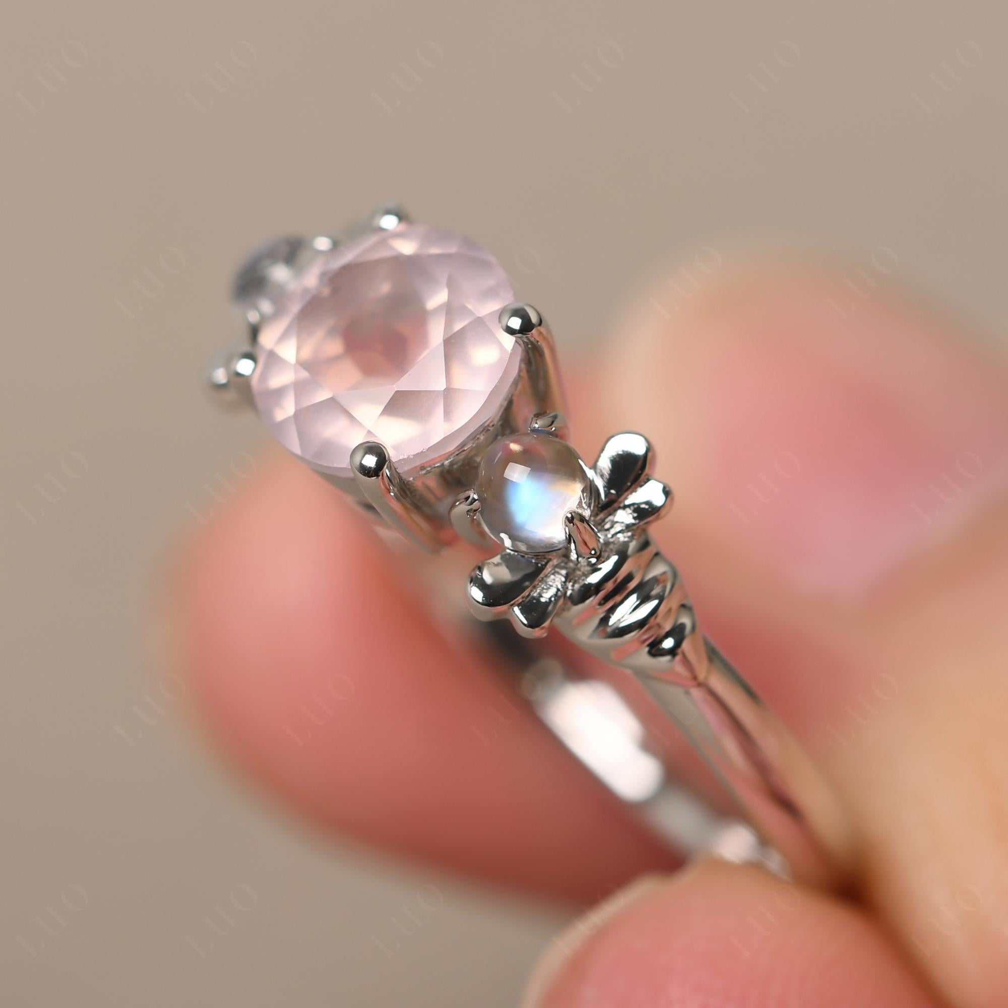 Moonstone and Rose Quartz Bee Ring - LUO Jewelry