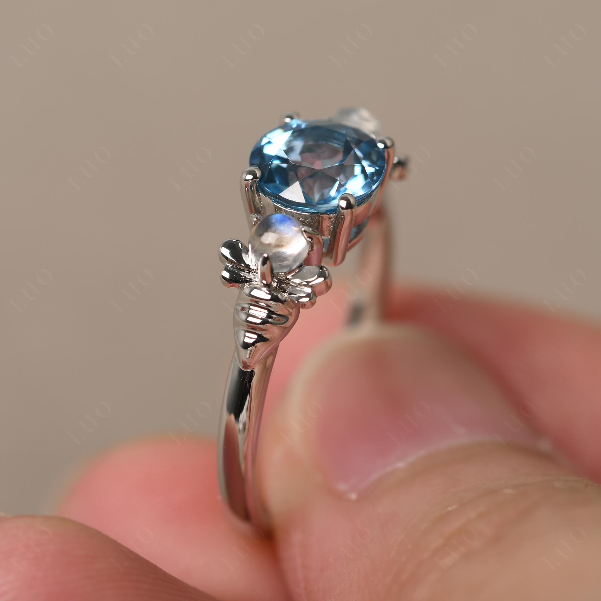 Moonstone and Swiss Blue Topaz Bee Ring - LUO Jewelry