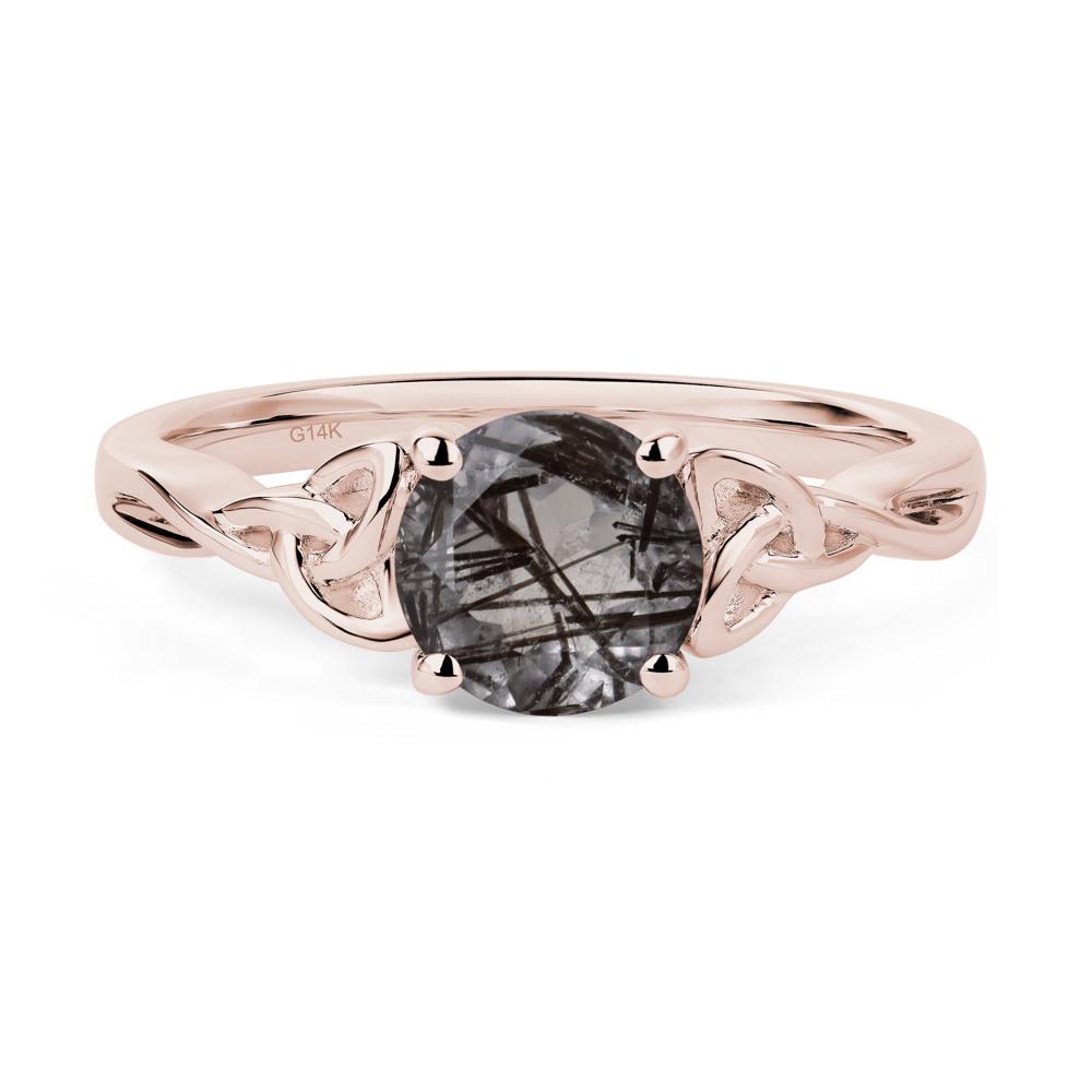 Round Cut Black Rutilated Quartz Celtic Ring - LUO Jewelry #metal_14k rose gold