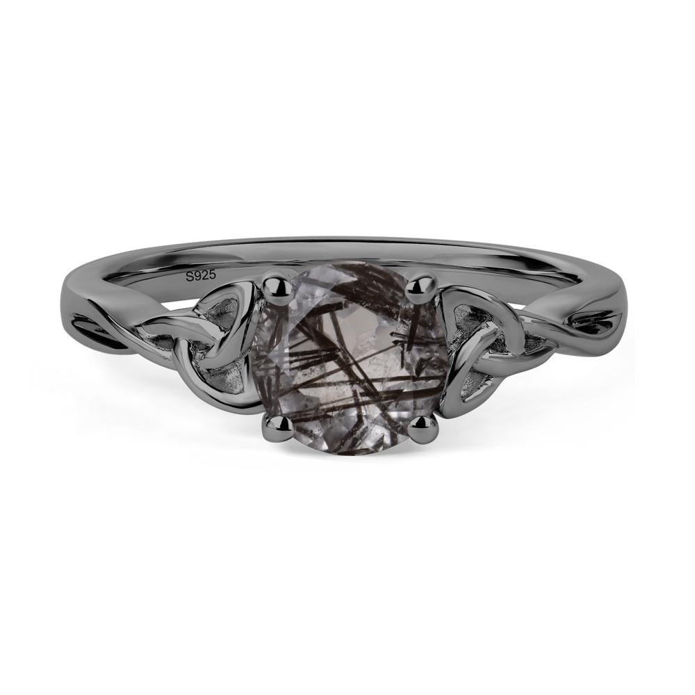 Round Cut Black Rutilated Quartz Celtic Ring - LUO Jewelry #metal_black finish sterling silver