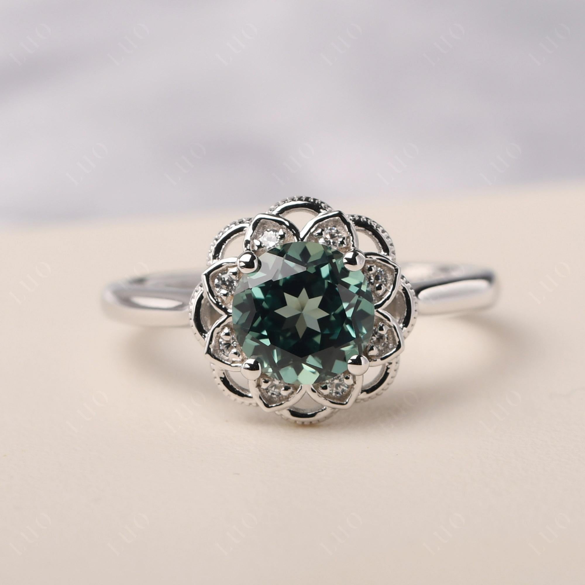 Lab Created Green Sapphire Vintage Inspired Filigree Ring - LUO Jewelry