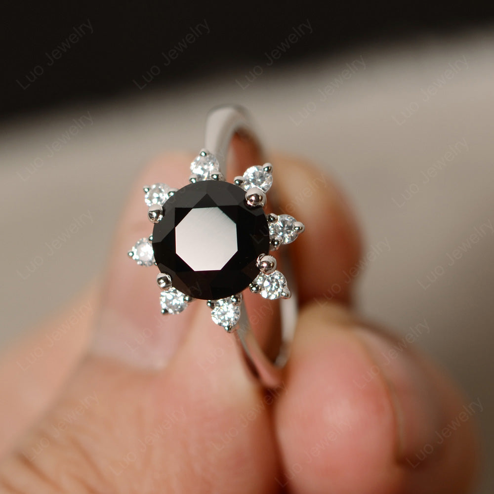 Brilliant Cut Black Stone Halo Engagement Ring - LUO Jewelry