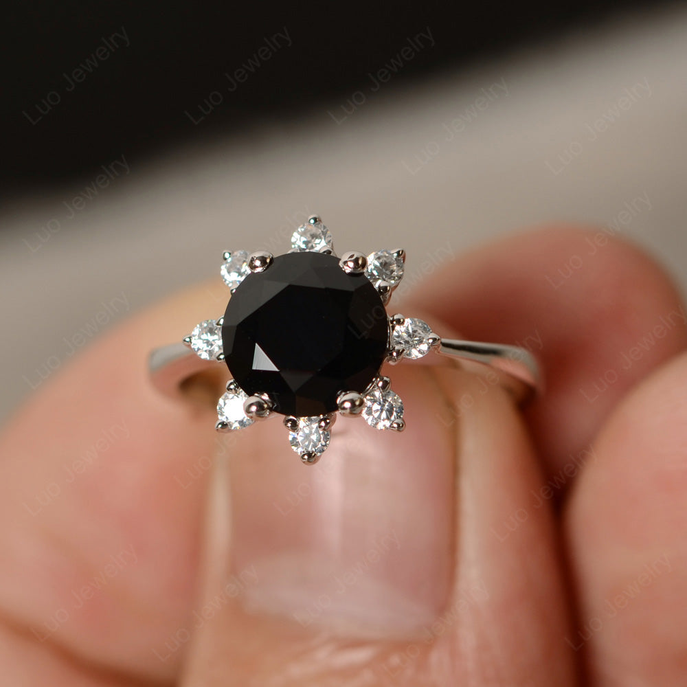 Brilliant Cut Black Stone Halo Engagement Ring - LUO Jewelry