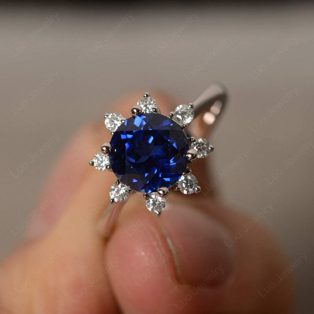 Brilliant Cut Lab Sapphire Halo Engagement Ring - LUO Jewelry