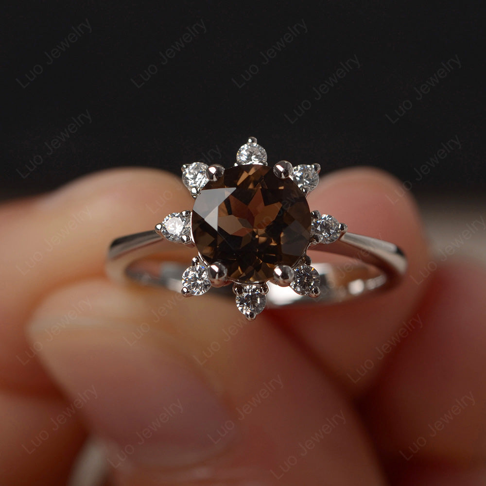 Brilliant Cut Smoky Quartz  Halo Engagement Ring - LUO Jewelry