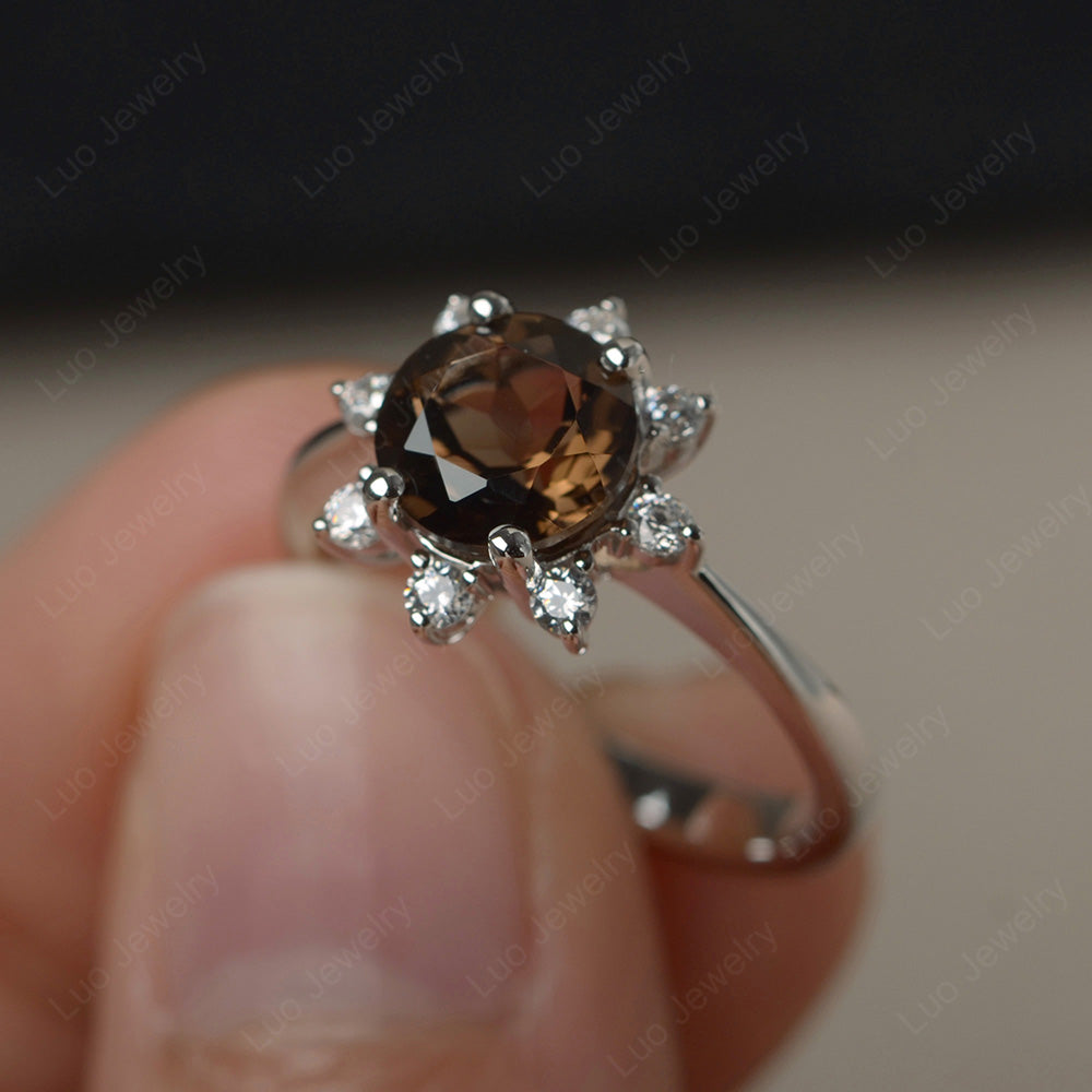 Brilliant Cut Smoky Quartz  Halo Engagement Ring - LUO Jewelry