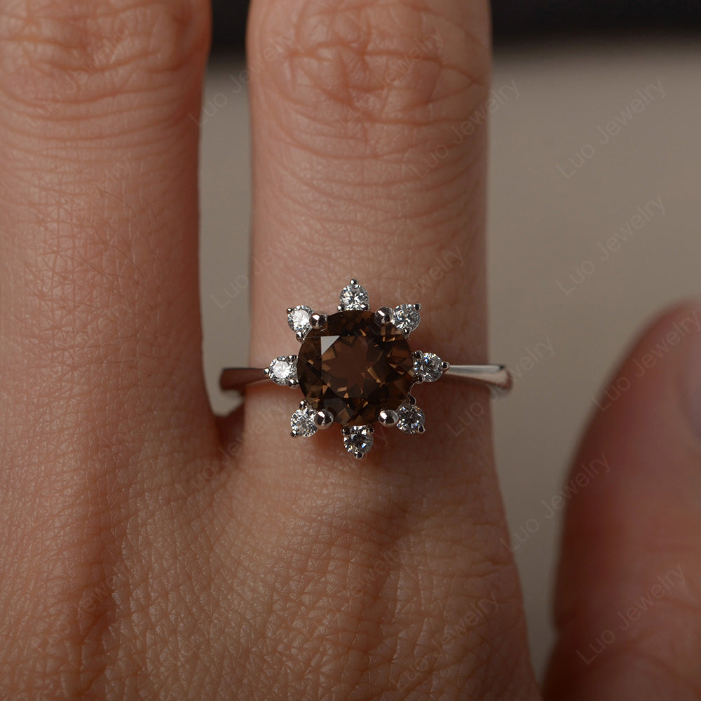 Brilliant Cut Smoky Quartz  Halo Engagement Ring - LUO Jewelry