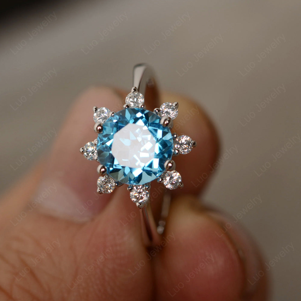 Brilliant Cut Swiss Blue Topaz Halo Engagement Ring - LUO Jewelry