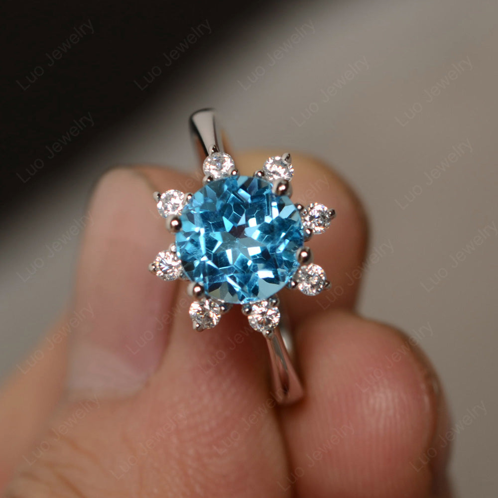 Brilliant Cut Swiss Blue Topaz Halo Engagement Ring - LUO Jewelry