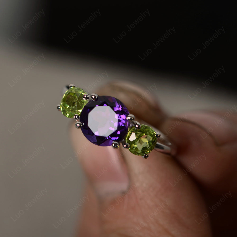 3 Stone Round Cut Amethyst and Peridot Ring - LUO Jewelry