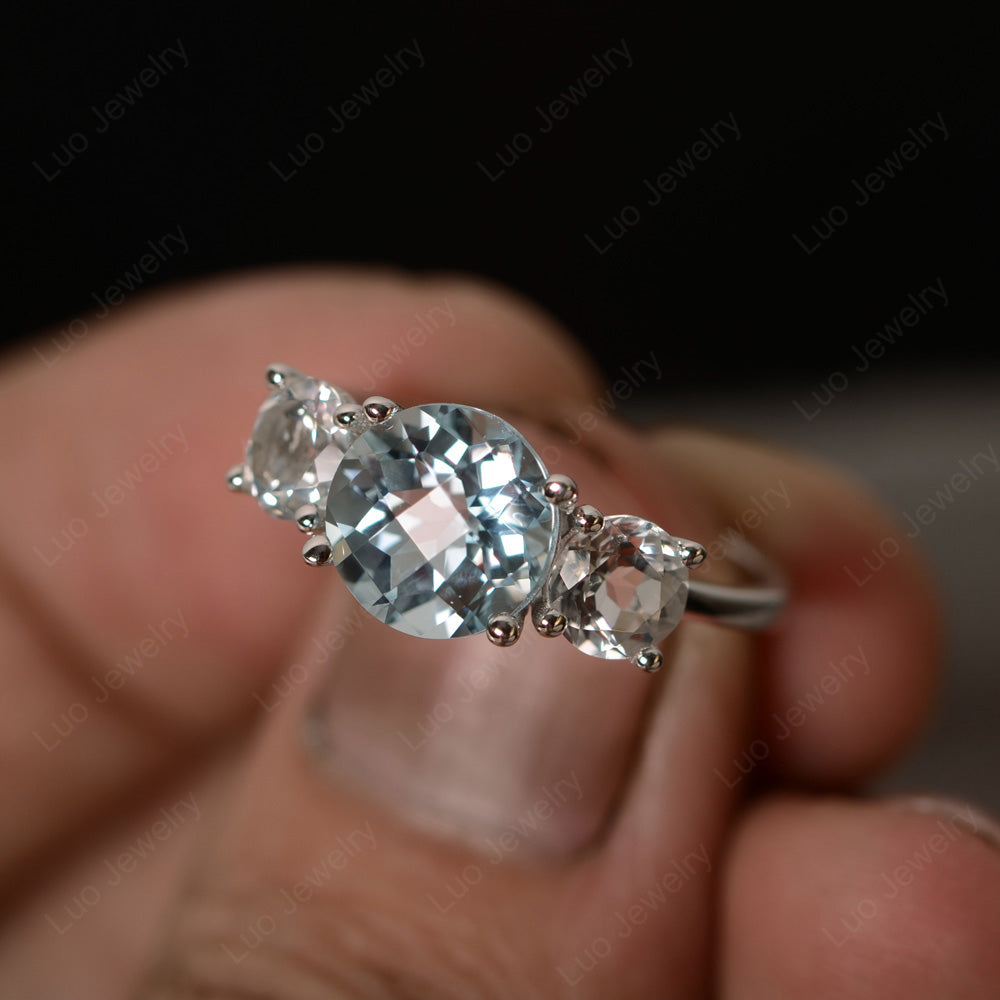 3 Stone Ring Aquamarine Engagement Ring - LUO Jewelry