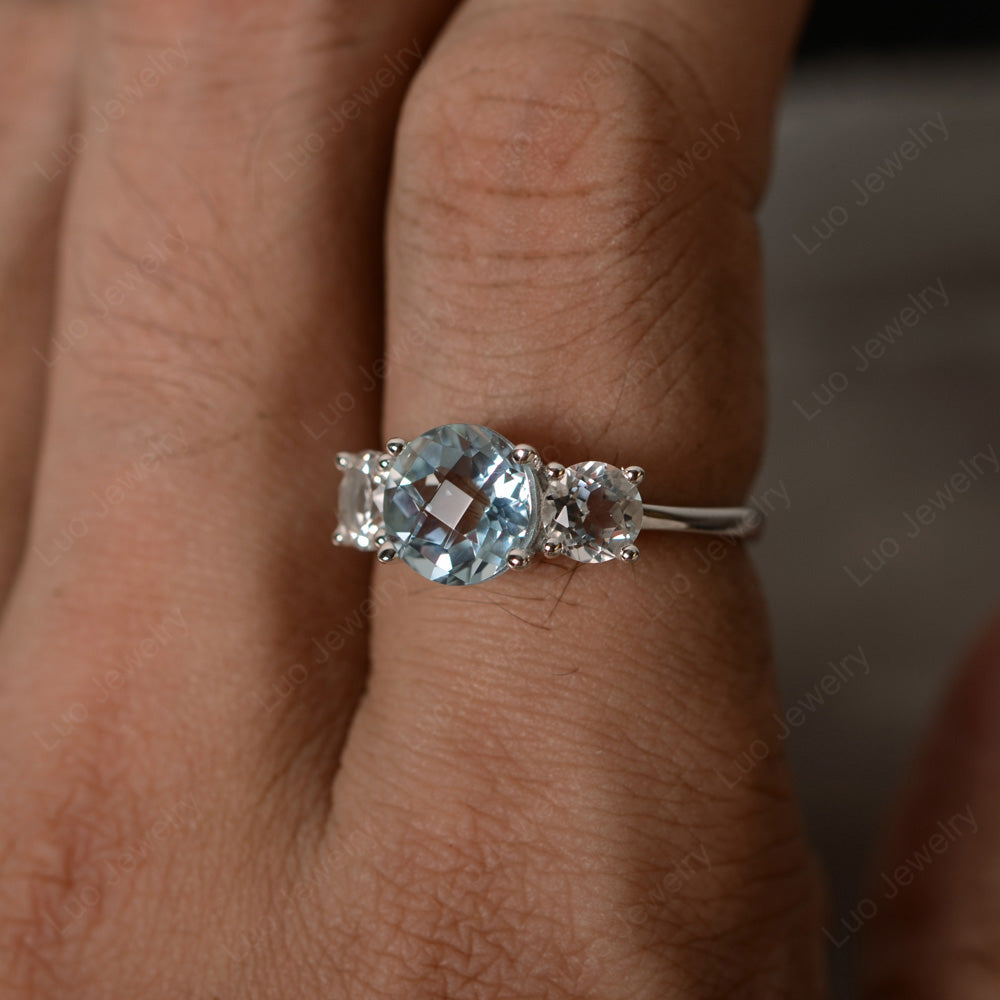 3 Stone Ring Aquamarine Engagement Ring - LUO Jewelry