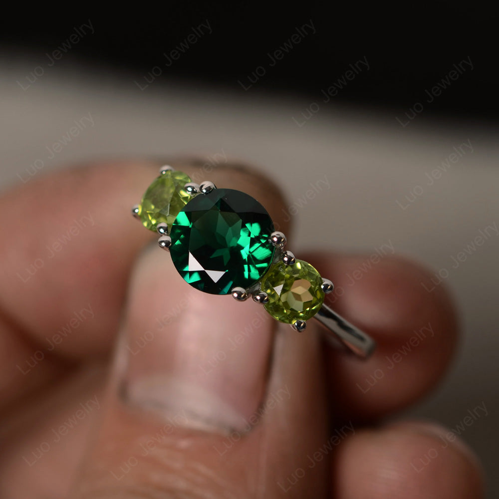 3 Stone Ring Lab Emerald Engagement Ring - LUO Jewelry