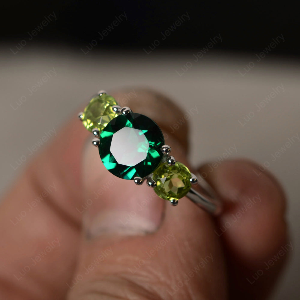 3 Stone Ring Lab Emerald Engagement Ring - LUO Jewelry