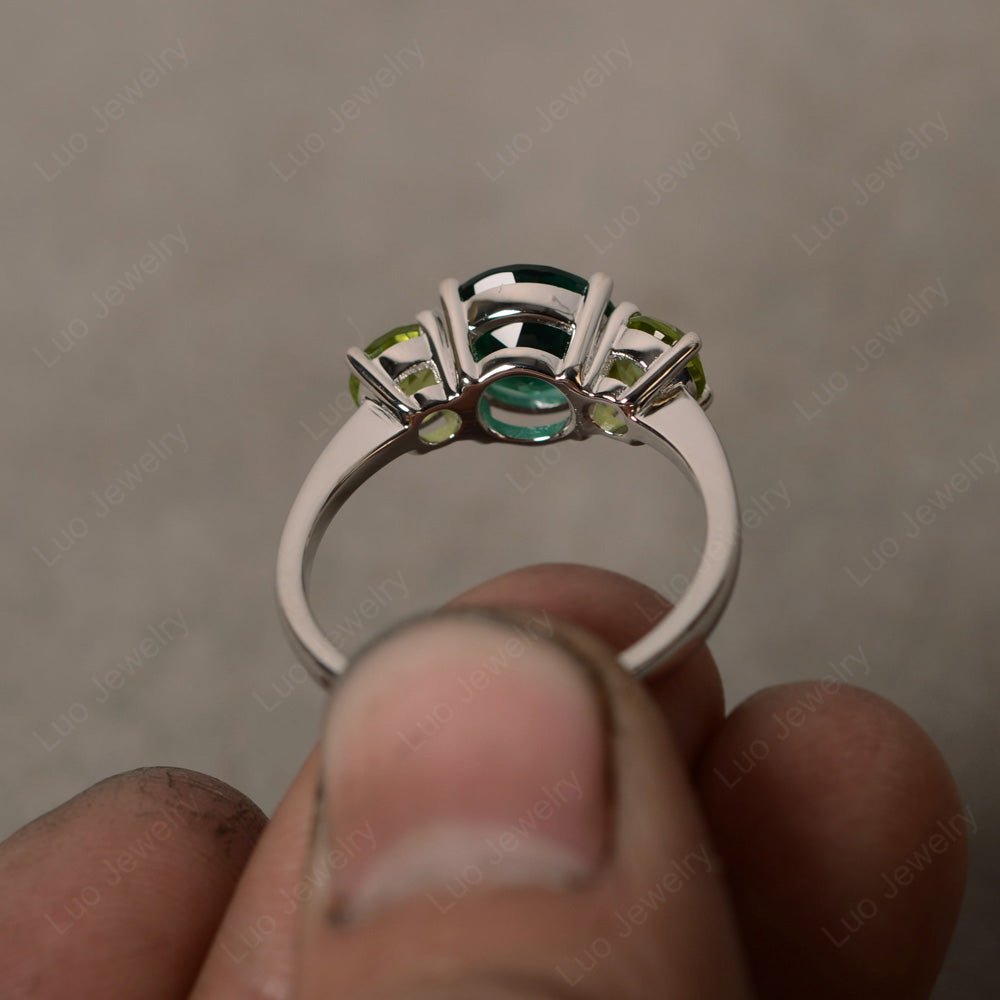 3 Stone Ring Lab Emerald Engagement Ring - LUO Jewelry