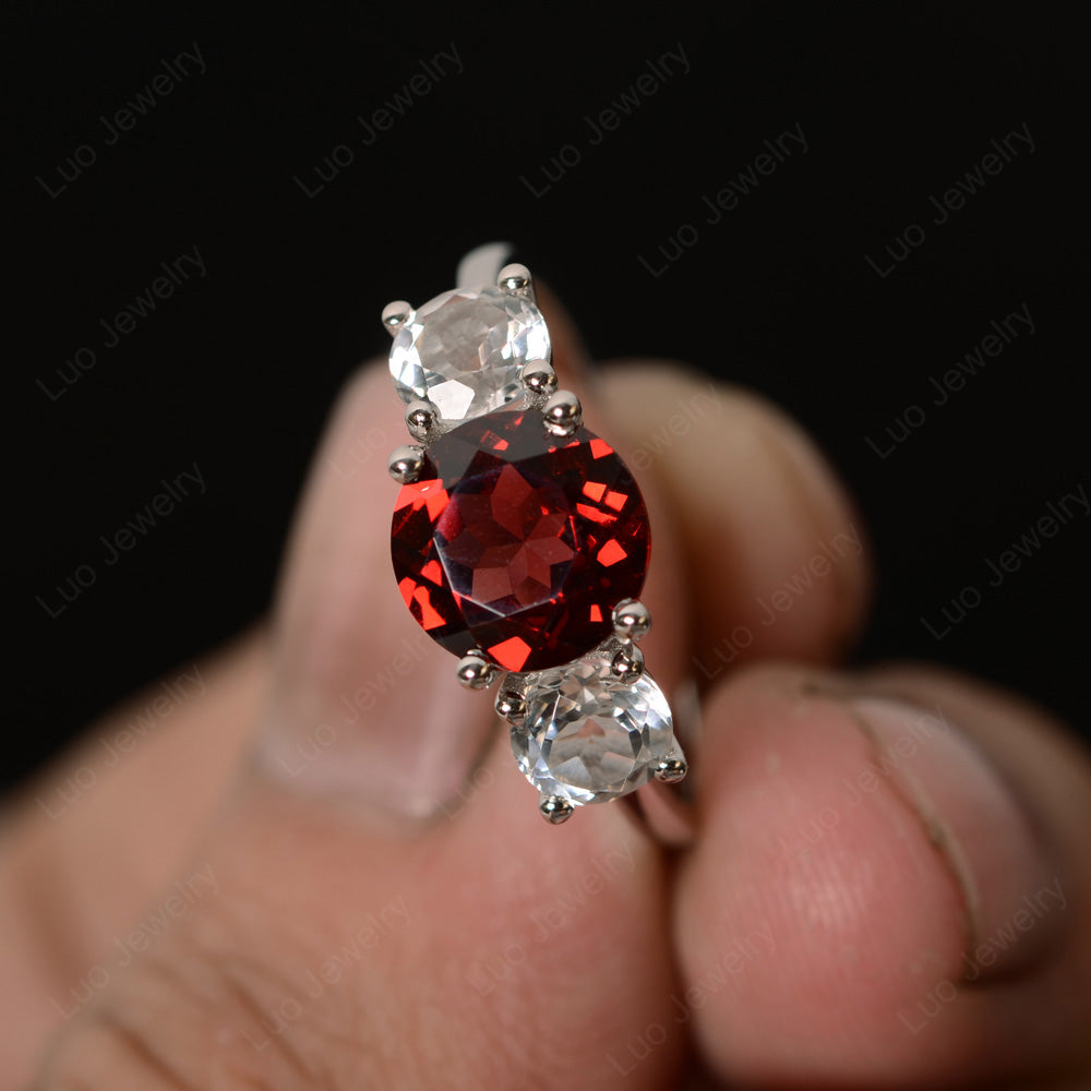 3 Stone Ring Garnet Engagement Ring - LUO Jewelry