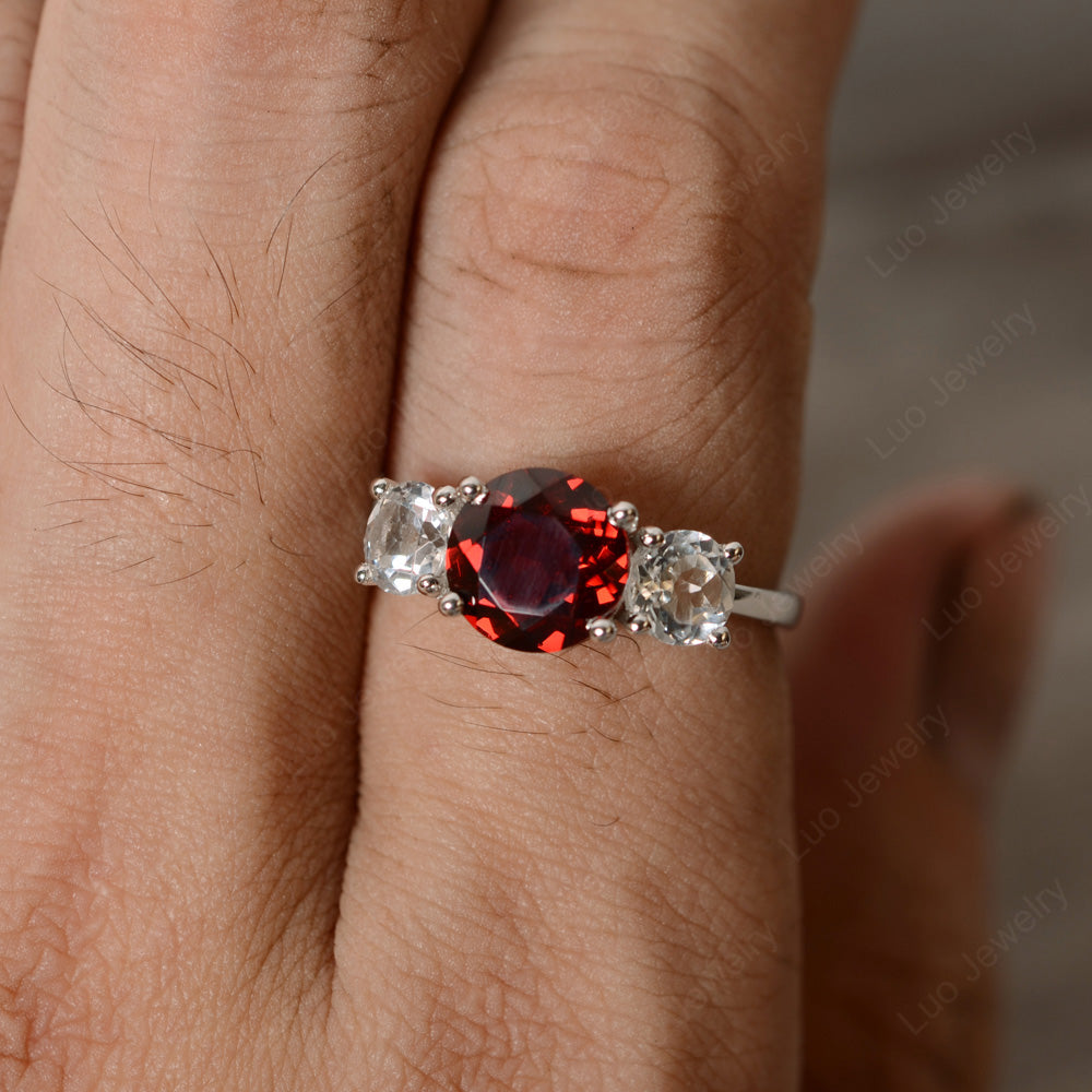 3 Stone Ring Garnet Engagement Ring - LUO Jewelry