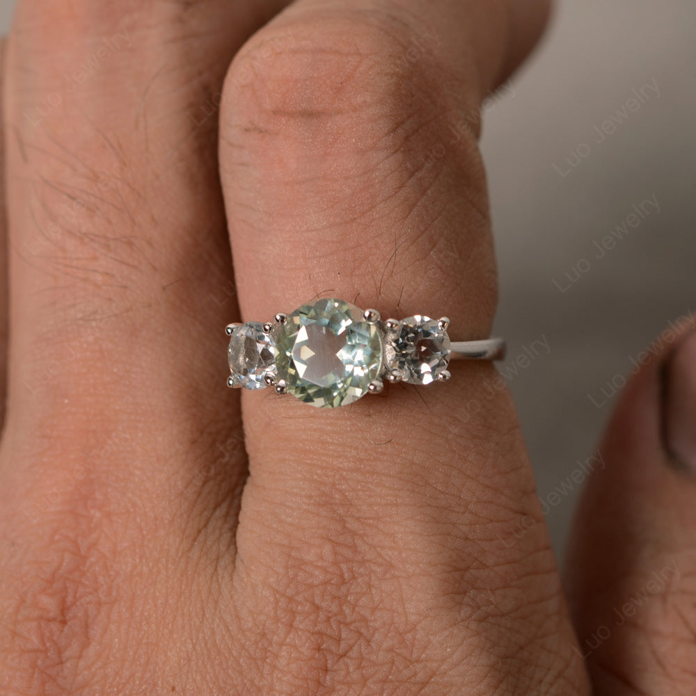 3 Stone Ring Green Amethyst Engagement Ring - LUO Jewelry