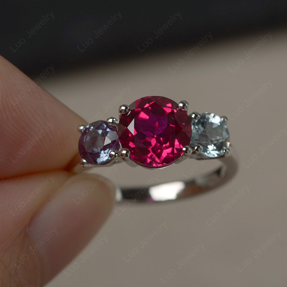 3 Stone Ruby and Alexandrite and Aquamarine Mothers Ring - LUO Jewelry
