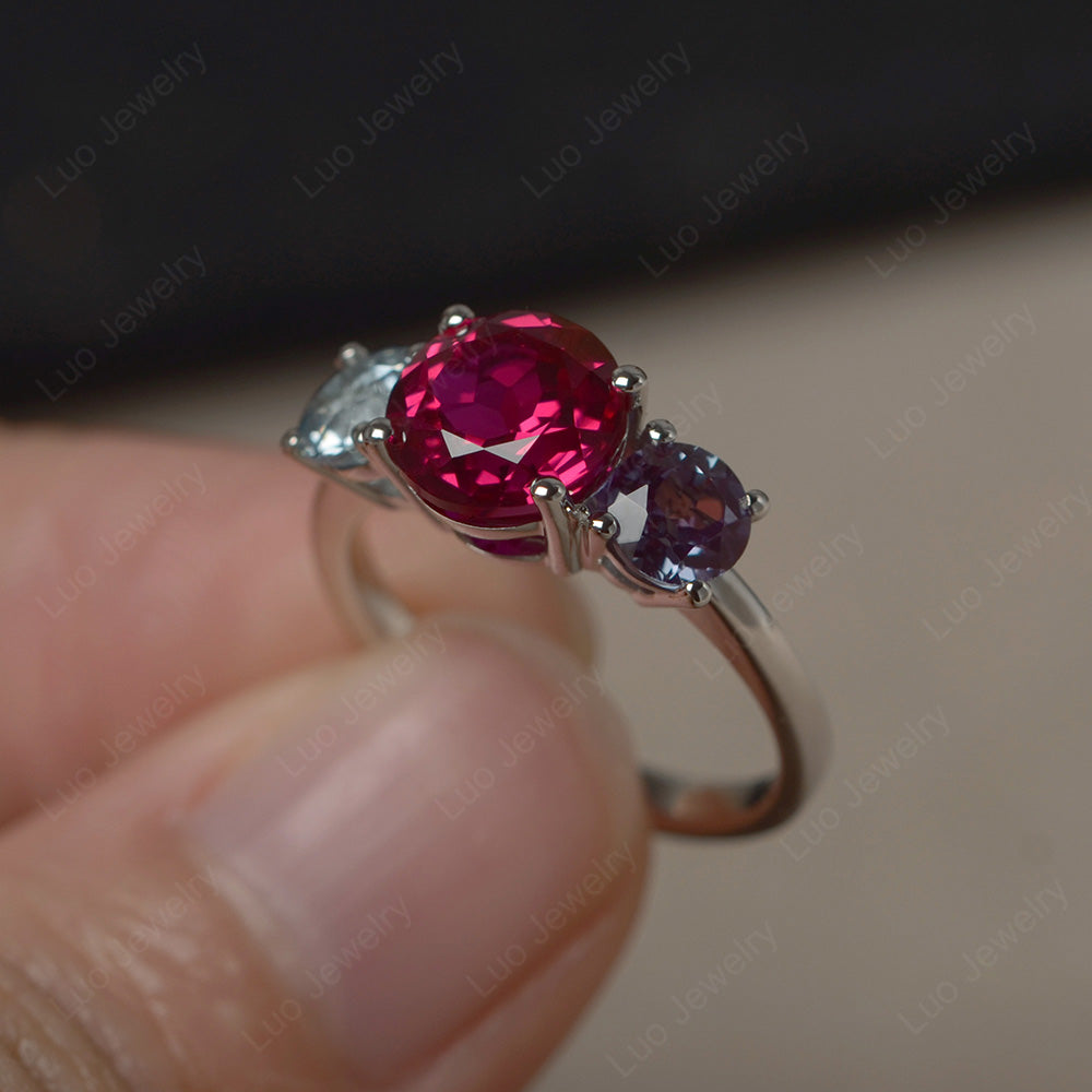 3 Stone Ruby and Alexandrite and Aquamarine Mothers Ring - LUO Jewelry