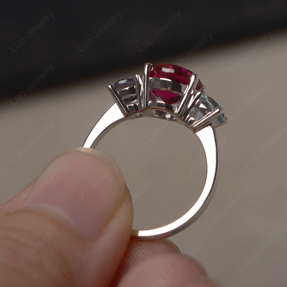 3 Stone Ruby and Alexandrite and Aquamarine Mothers Ring - LUO Jewelry
