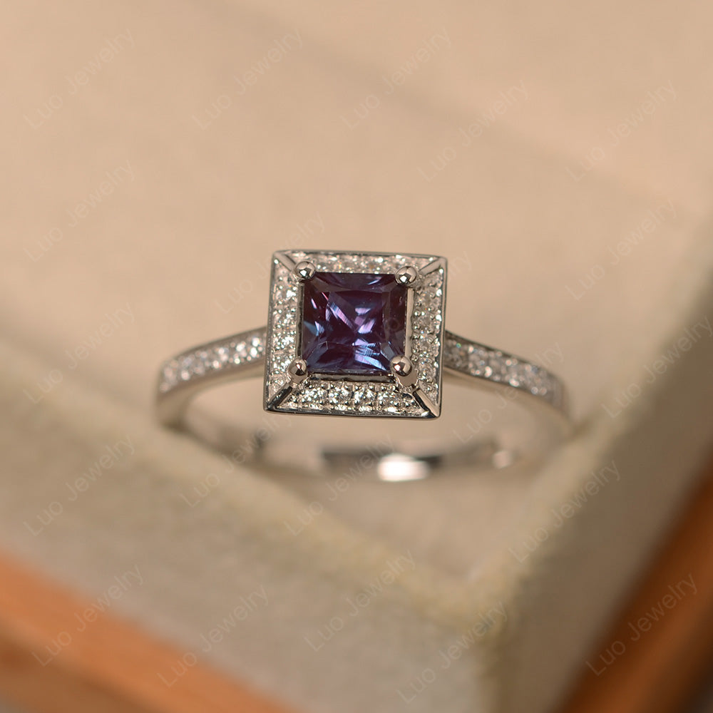 Princess Cut Alexandrite Halo Engagement Ring - LUO Jewelry