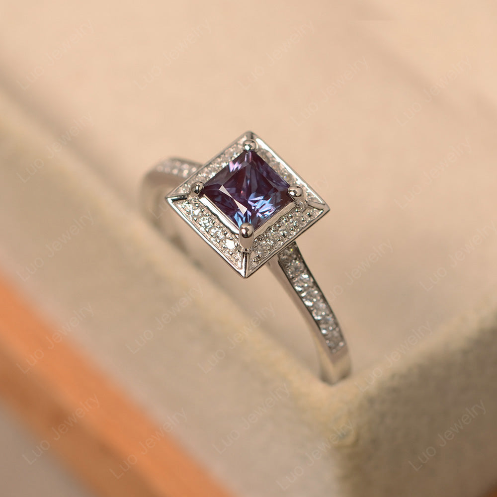 Princess Cut Alexandrite Halo Engagement Ring - LUO Jewelry