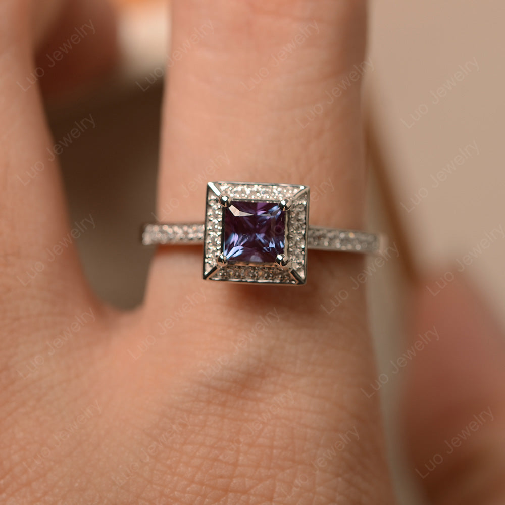 Princess Cut Alexandrite Halo Engagement Ring - LUO Jewelry