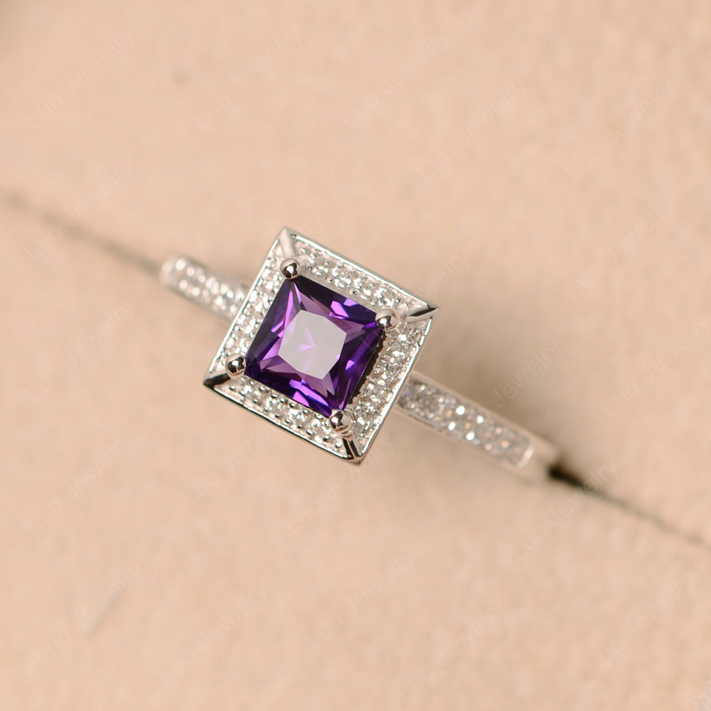 Princess Cut Amethyst Halo Engagement Ring - LUO Jewelry