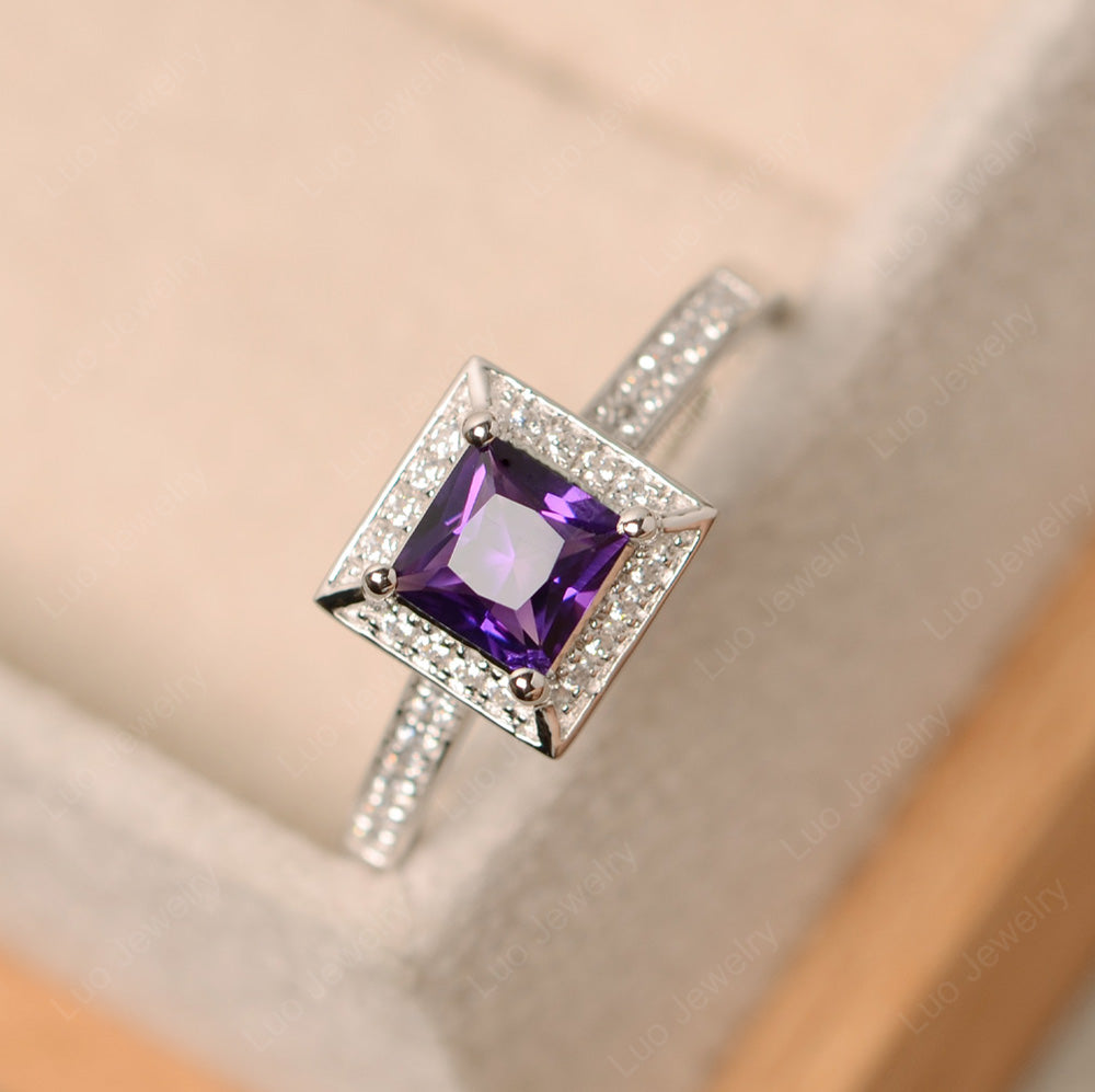 Princess Cut Amethyst Halo Engagement Ring - LUO Jewelry