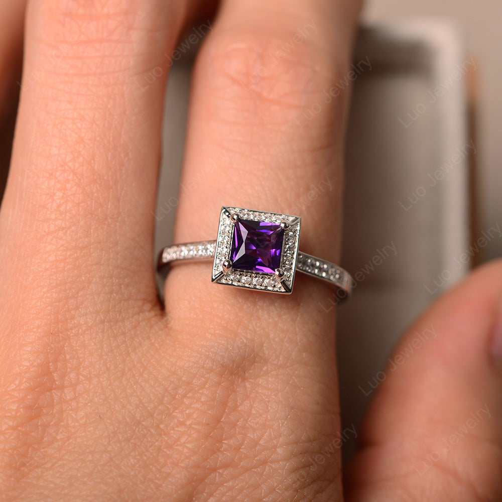 Princess Cut Amethyst Halo Engagement Ring - LUO Jewelry