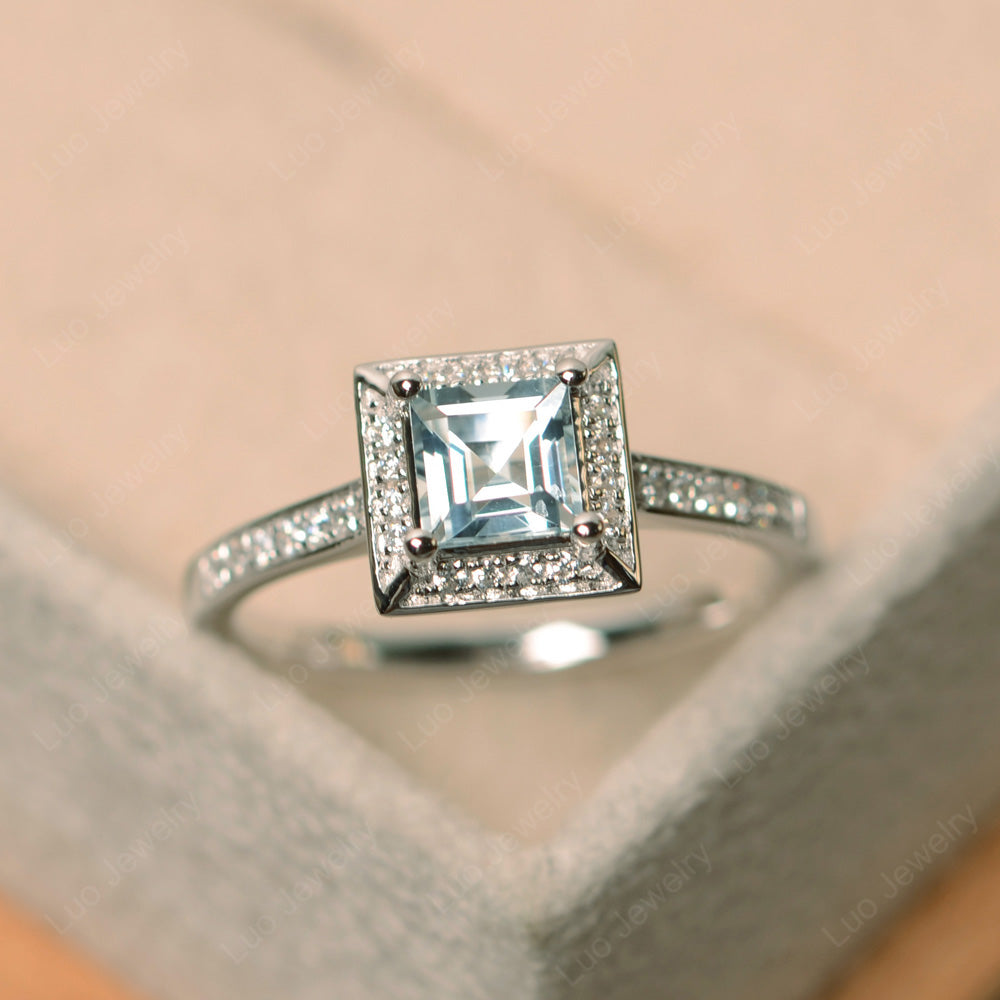 Square Cut Aquamarine Halo Engagement Ring - LUO Jewelry