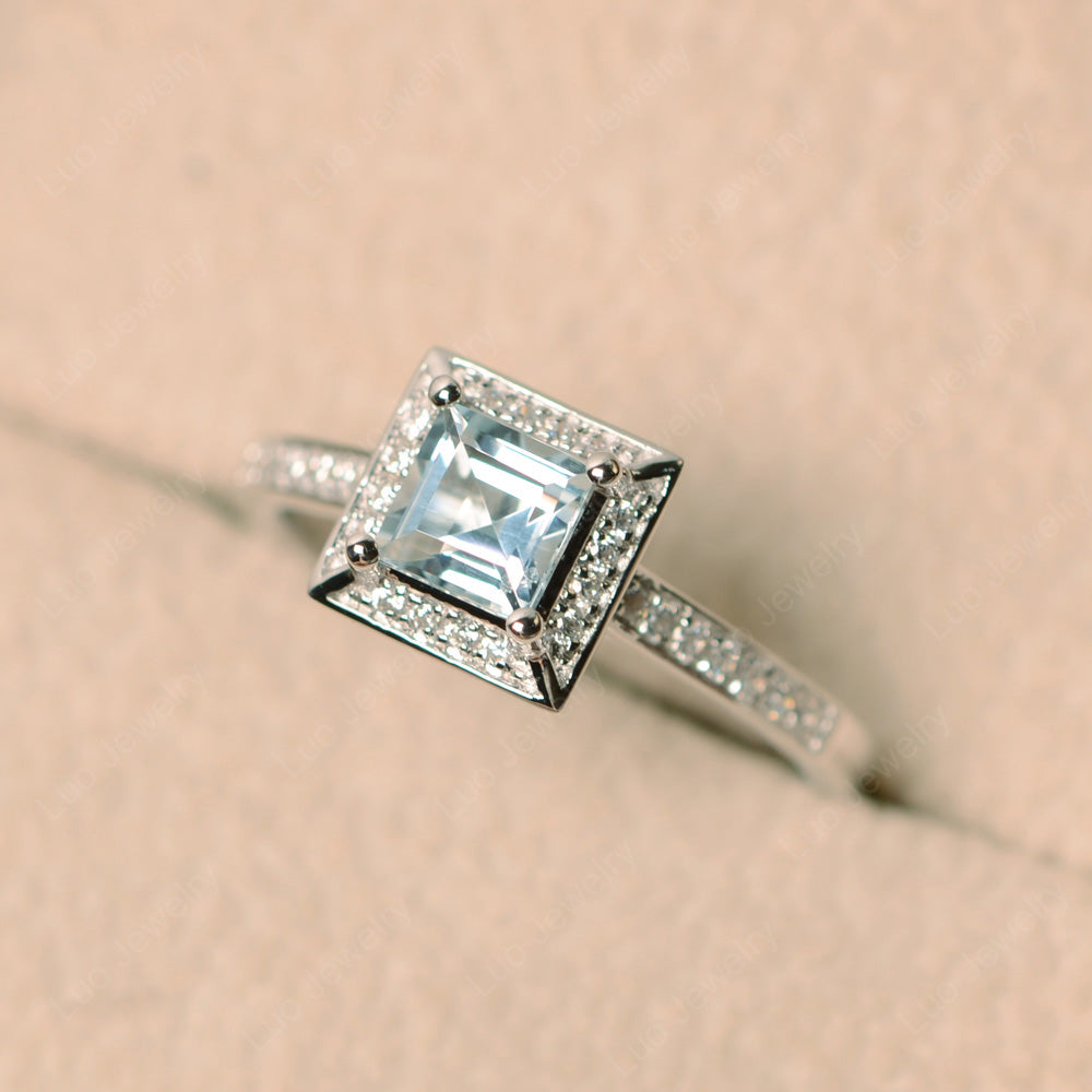 Square Cut Aquamarine Halo Engagement Ring - LUO Jewelry