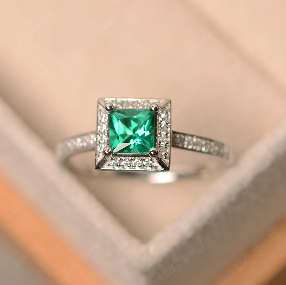 Princess Cut Lab Emerald Halo Engagement Ring - LUO Jewelry