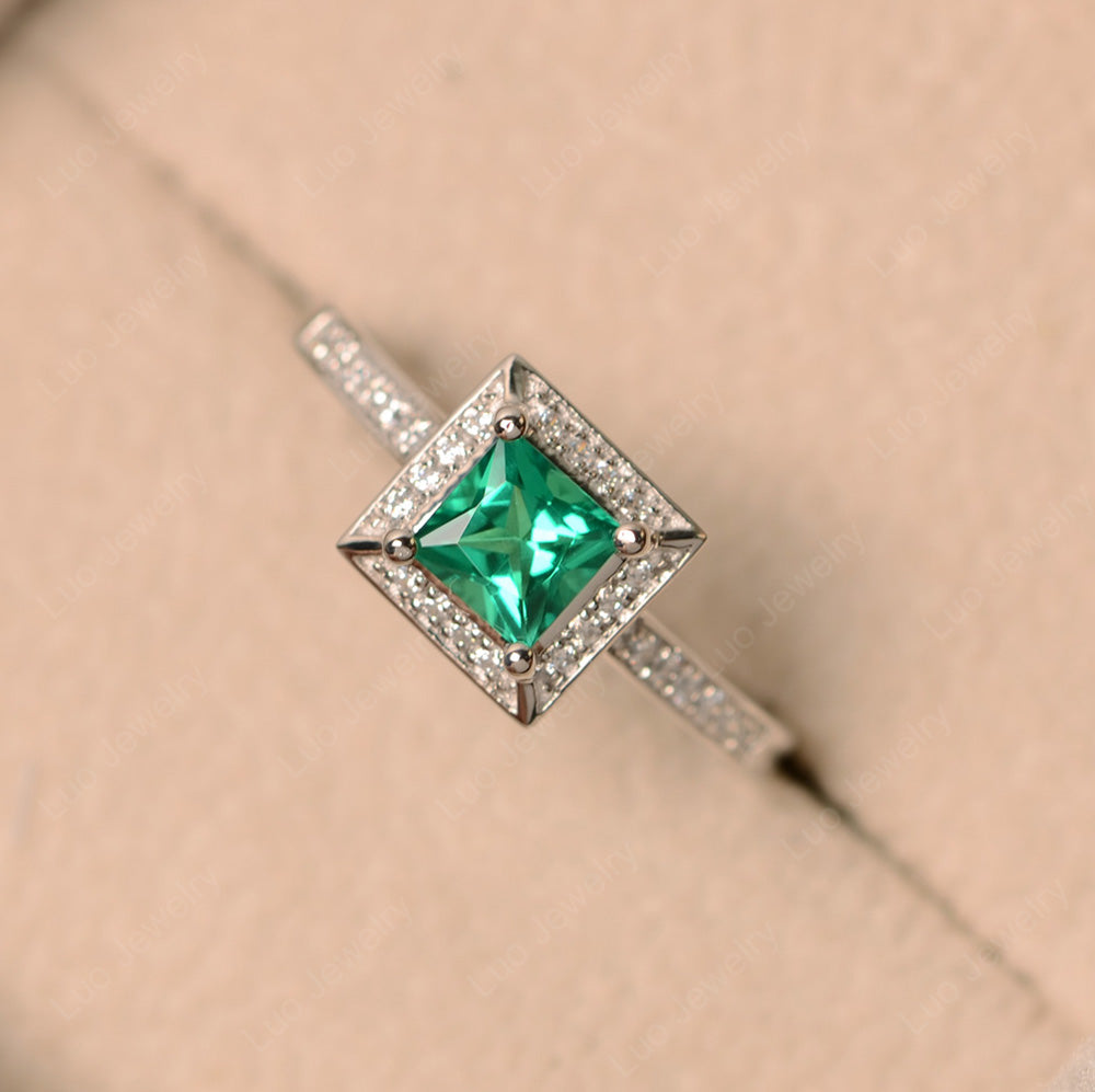 Princess Cut Lab Emerald Halo Engagement Ring - LUO Jewelry