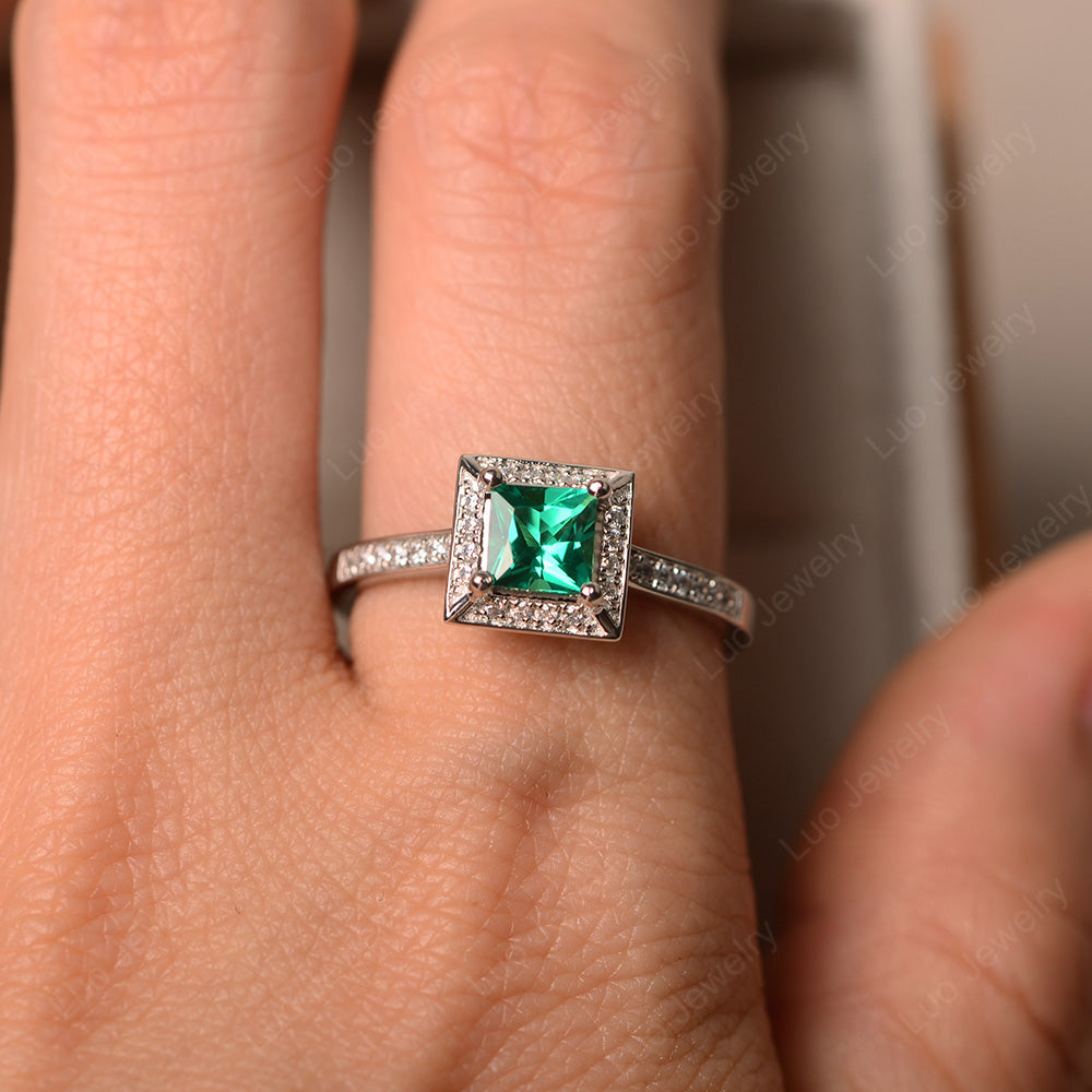 Princess Cut Lab Emerald Halo Engagement Ring - LUO Jewelry
