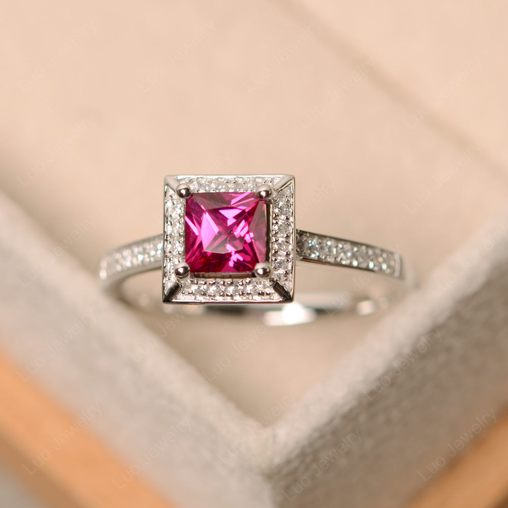 Princess Cut Ruby Halo Engagement Ring - LUO Jewelry